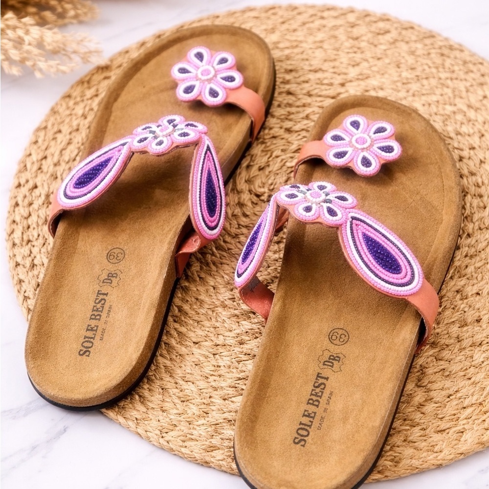 Pink Floral Beaded Thong Sandals for Women